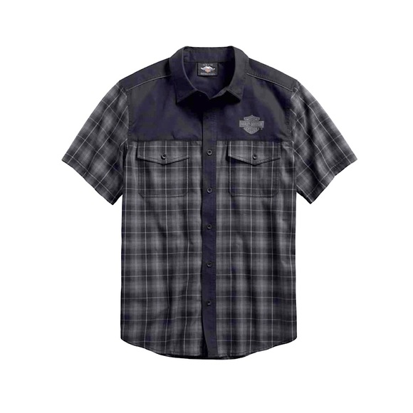 Harley-Davidson Other - Harley-Davidson Over-Dyed Plaid Short Sleeve Woven Shirt Button Front Grey Black